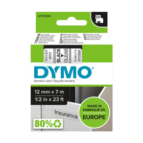 Original Dymo 45010 Black On Clear D1 Adhesive Labelling Tape 12mm x 7m